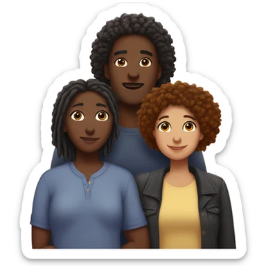 A throuple, with a light skinned black man with dreadlocks, a dark skinned large woman with short afro hair, and a dark skinned nonbinary with short locks, embracing each other, hearts sticker