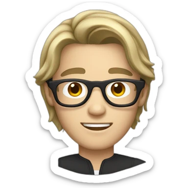 white guy teenager with long black hairstyle and glasses with black frame sticker