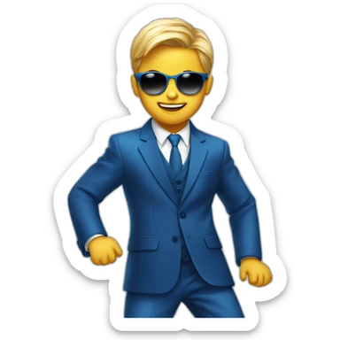 Little kid dancing at party with full blue suit and sunglasses sticker