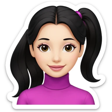 a woman with long sleeve turtle neck top and smile, her hair is long black pony tail, her eyes color are black and the color of her lip is soft pink sticker