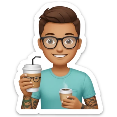 gözlük takan, dövmeli ve elinde kahve tutan, yaz kıyafetli insan. sticker