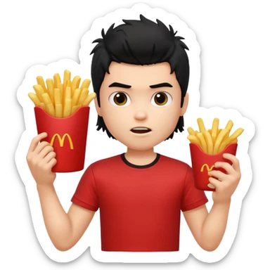 generate a pretty fair bratz boy with a messy mullet (black hair), wearing a red tshirt. eating fries, big biceps sticker
