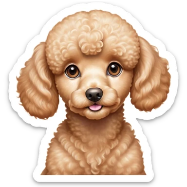 Cinematic Cute Apricot Poodle Portrait Emoji, Head tilted playfully and inquisitively, showcasing a bouncy, curly apricot Fur with a luminous sheen, round, sparkling warm eyes filled with curiosity, Simplified yet irresistibly adorable features, highly detailed, glowing with a warm, friendly glow, high shine, affectionate and lively, stylized with a touch of whimsy, bright and endearing, soft glowing outline, capturing the essence of a mischievous yet loving companion, so playful it feels like it could bounce out of the screen and into your arms! sticker