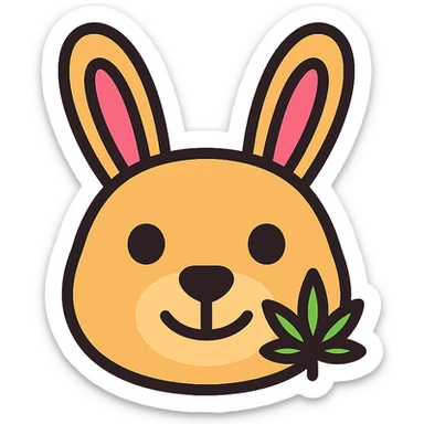 cute rabbit face icon with a small cannabis leaf detail, designed for an AI assistant called Buddy, friendly and professional sticker