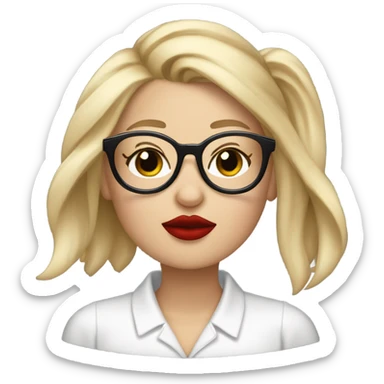 White girl, blonde hair, eyes closed, red lipstick,  wearing glasses kisses Yorkshire terrier  sticker