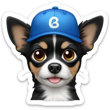 Old man with blue eyes goatee beard ball cap holds cute black long fur Chihuahua sticker