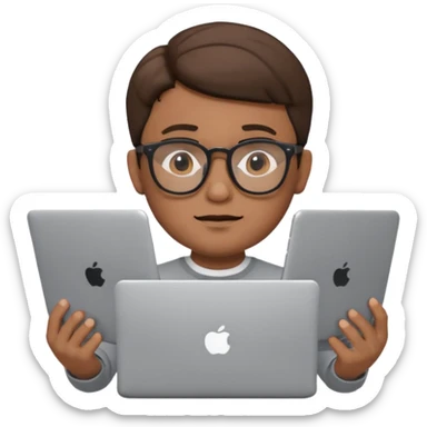 male memoji, man with glasses, laptop in hands, focused expression, smart vibe sticker