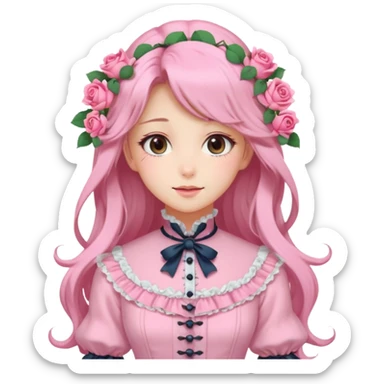 Gorgeous pastel anime lady with long hair and pink victorian style clothes and roses sticker