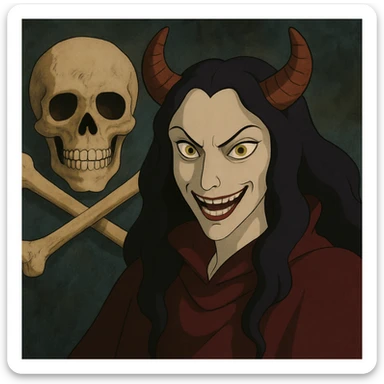 cara malvada sonriendo con cuernos y una calavera con huesos cruzados sticker