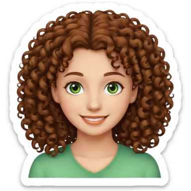 Кудрявая девушка 26 лет, с коричневыми волосами и зелёными глазами улыбается  sticker