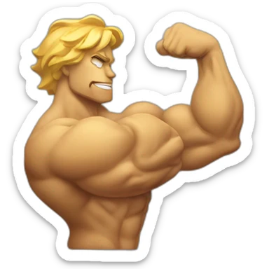 a golden stone flexing a bicep and sweating while thinking with a comic bubble sticker