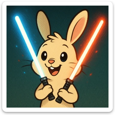 Make the sabers glow. Show only the bunny from the neck up. Give the bunny a more animated look while keeping the cream color and cheerful expression. Maintain the original style's look and feel. sticker