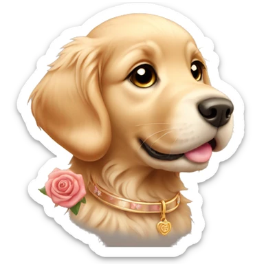 Golden retriever puppy with a rose gold collar sticker