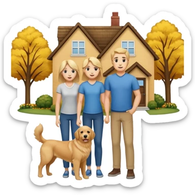 a mom and dad standing in front of a house with their son and a dog next to them (1 dog) and 1 SON not daughter sticker
