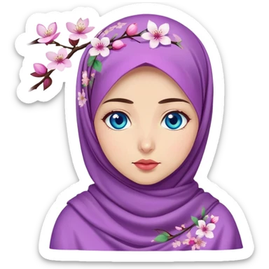 Turkish beautiful finish Konya girl blue eyes with cherry blossom floral purple and mint hijab islamic dress and with yummy Drooling face on the table sticker