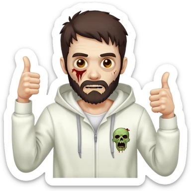 zombie with thumbs up gesture wearing white hoodie, with dark brown hair and short full beard sticker