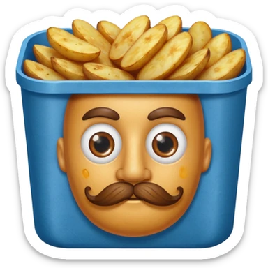fried potatoes in a blue carton, carton has eyes and mustache sticker