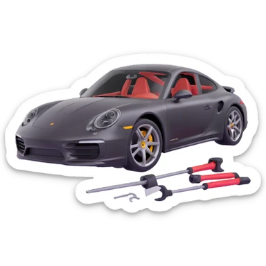 luxury Porsche car with a clearly visible dent on the bodywork, specific paintless dent repair tools such as rods, levers, and small hammers positioned to show active repair, elegant and modern sticker