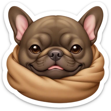 Cinematic Meme-Worthy Chubby Sleeping Brindle French Bulldog Portrait Emoji, Head resting peacefully with a contented smile, showcasing a delightfully chubby build and a luxuriously soft brindle coat with subtle fawn highlights, eyes shut in a serene nap, Simplified yet hilariously adorable features, highly detailed, glowing with a soft, drowsy light, high shine, relaxed and utterly lovable, stylized with an air of playful laziness, bright and heartwarming, soft glowing outline, capturing the essence of a comically sleepy companion, so meme-worthy it feels like it could instantly become the next viral sensation of adorable slumber! sticker