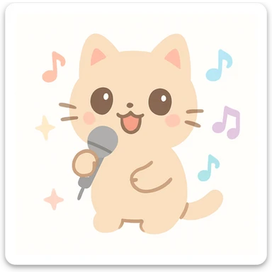 a cat singing into a microphone, musical notes around, cute style sticker