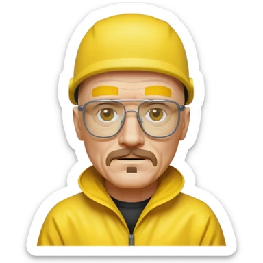 Walter White in iPhone emoji style, wearing his iconic glasses and a yellow hazmat suit sticker