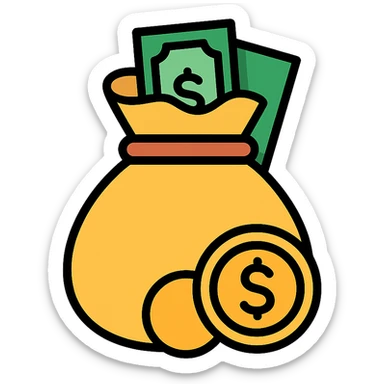 colored icon of a money bag with coins and banknotes peeking out sticker