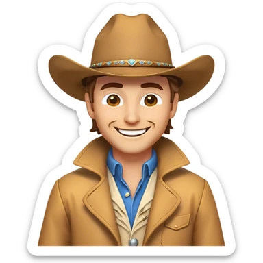 Clash of Clans aesthetic Cheerful Cowboy Portrait Emoji, With a bright, confident smile and a relaxed, adventurous stance, showcasing a stylized, spirited build in a duster coat and classic hat, his face rendered in natural skin tone, Simplified yet expressive features, highly detailed, glowing with a soft, golden western radiance, high shine, upbeat and daring, stylized with an air of classic cowboy allure, soft glowing outline, capturing the essence of a cheerful cowboy ready to gallop into epic adventures! sticker