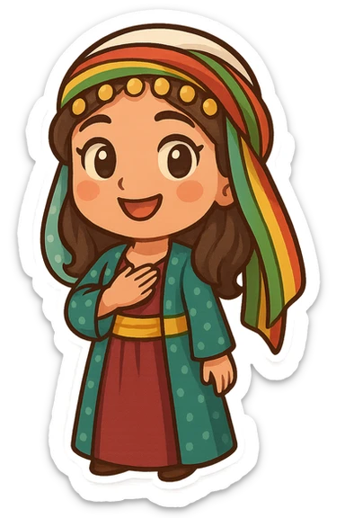 cartoon sticker of a Kurdish woman in traditional female clothing, hand on chest (salute) pose, open smile, colorful and cheerful, no text, suitable for WhatsApp and Instagram sticker