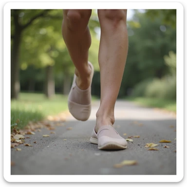 realistic 4K woman walking outdoors with insole, first steps confident and smiling, then slowing and stopping visibly disappointed by return of pain sticker