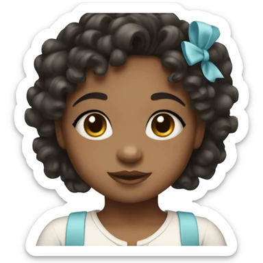 A brow skin little girl with black curly wavyish hair and a baby blue bow sticker