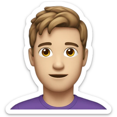 young french man, hand up, brown short hair, purple t-shirt, white skin, head large sticker
