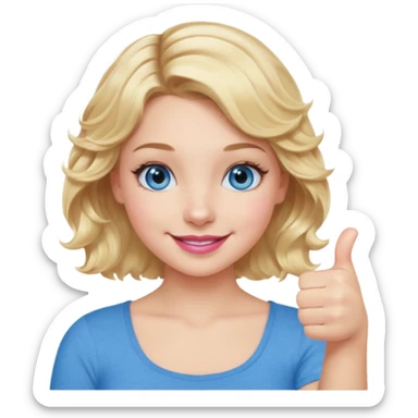 Girl Blonde short wavy hair,  blue eyes, cute blue top, long lashes, pink lips, smiling, thumbs up sticker