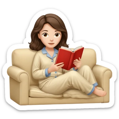 Woman with brunette hair reading on sofa. Soft wavy hair. Beige ivory pyjamas  sticker