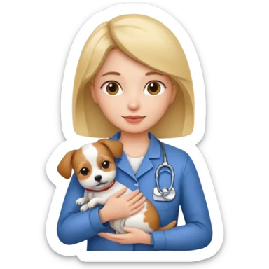 a woman vet holding a small dog sticker