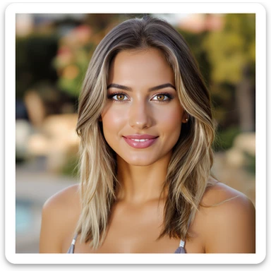 realistic portrait of a brunette woman with neck-length hair, blonde streaks in the front, and brown eyes sticker