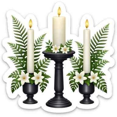 Aesthetic scenic beautiful gorgeous pretty elegant sparkly shiny scene of Candles white and with flowers and marble pedestals and lush vines and ferns sticker