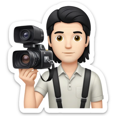 a white man with black mullet hair holding a foto camera sticker