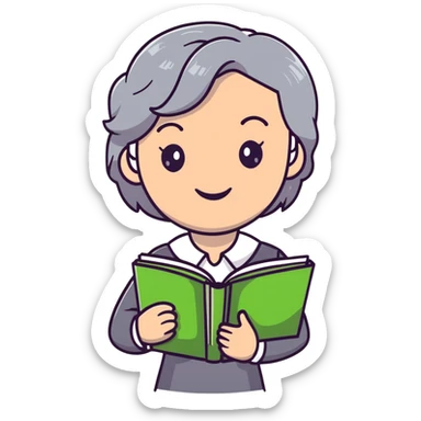 smiling English teacher with airtouch hair and grey-green eyes holding books and teaching materials sticker
