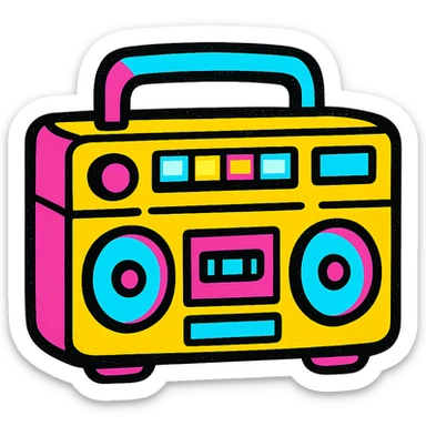 A boombox in Pop Colors style, with a modern twist, sleek design, glowing buttons, and a mix of pastel and neon colors sticker