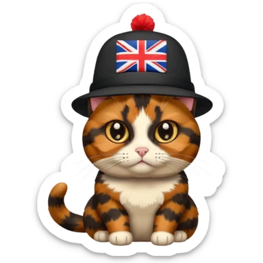 tortoiseshell cat with a british hat, a little sassy. mostly black and brown sticker