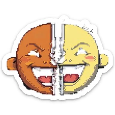 face split in half - one side happy smiling with big grin, other side angry with steam coming from nose sticker