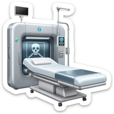 A radiology room showing an X-ray machine and sliding panel bed.
 sticker