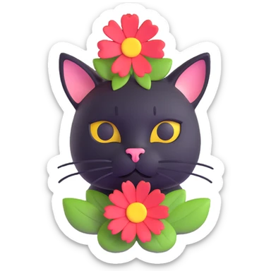 A black cat with a flower on its head in a field of flowers, close-up sticker