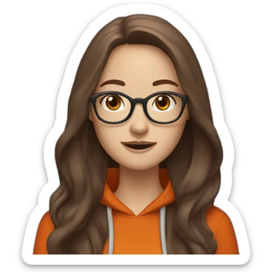 pale woman with glasses with long brown hair waving wearing a dark orange hoodie sticker