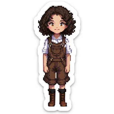 white girl with dark brown curly hair, brown eyes, wearing farm clothes sticker