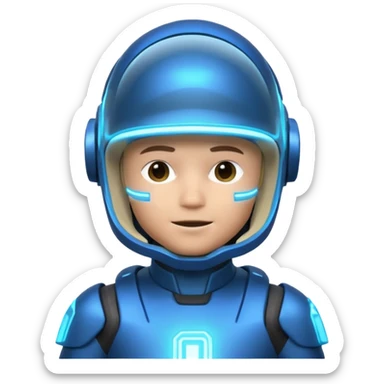 “Futuristic Roblox boy emoji, 2050 style. Blue neon visor, cyber helmet, metallic skin glow, hologram lines, tech-suit with glowing seams, soft neon background.” sticker