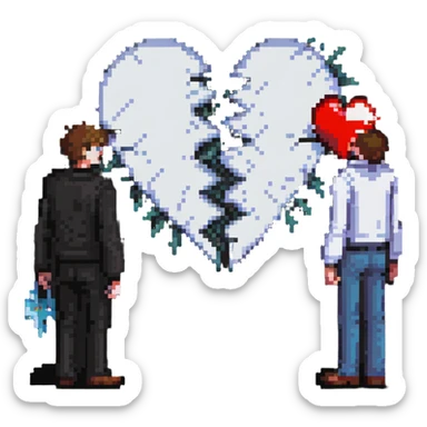two men gay couple breaking up with a shattered heart between them sticker