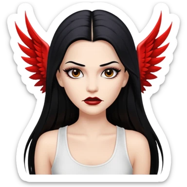 White woman with a white tank top long black hair glossy middle part straight long hair vamp look with fangs brown eyes eyeliner winged with lashes top and bottom white border big lips black eyebrows sticker