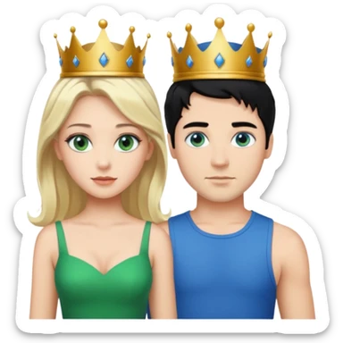 Prince with crown, black hair, body, legst, blue eyes, woman blonde hair, green eyes, sexy white short sleveless dress,  sticker