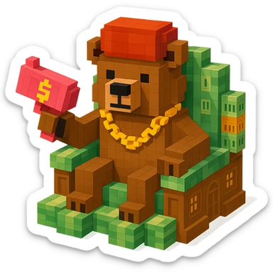 Russian grizzly bear with a rapper chain and a money gun, sitting on a throne of cash, in a luxurious mansion sticker